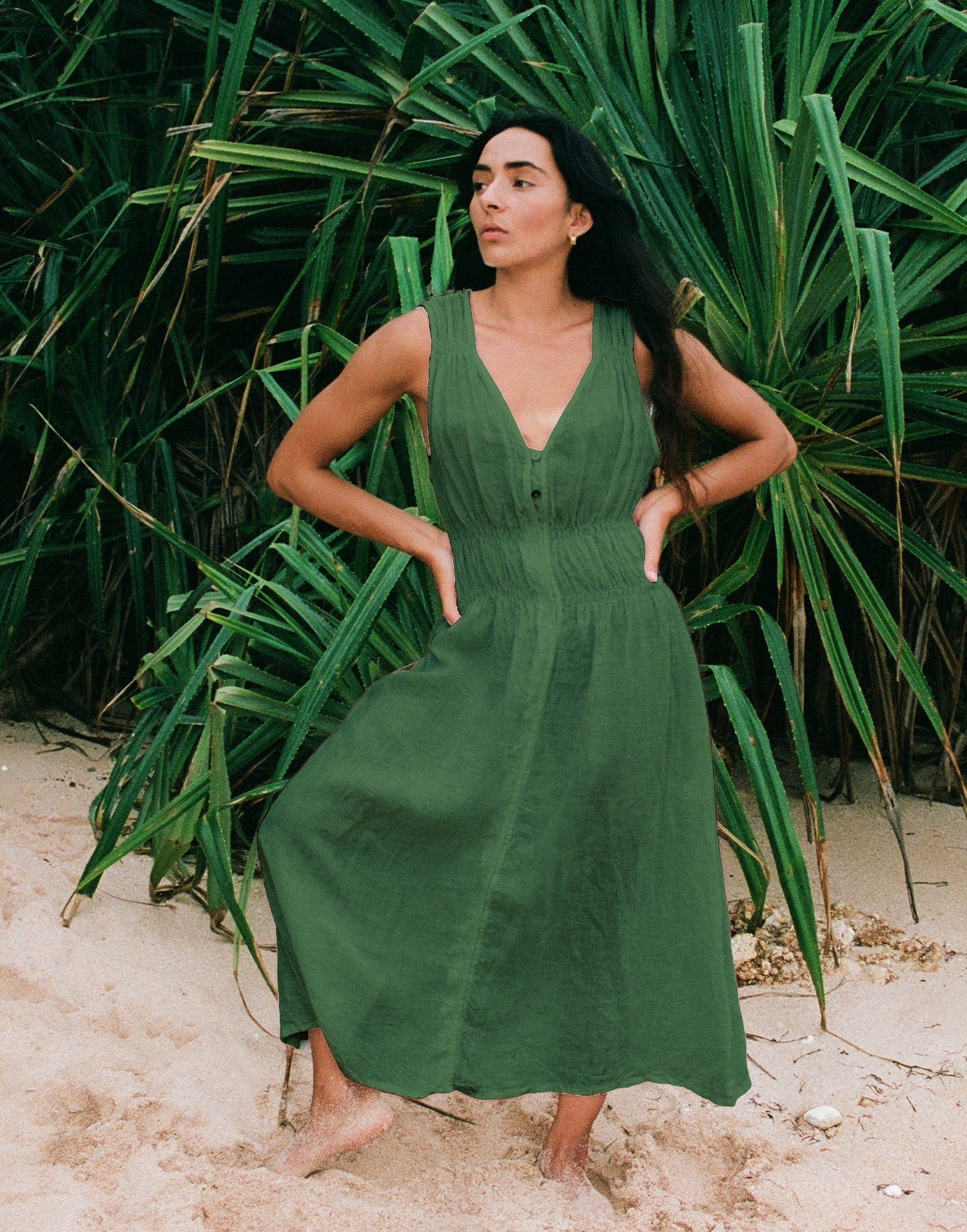 LUNA MIDI LINEN DRESS / MOSS