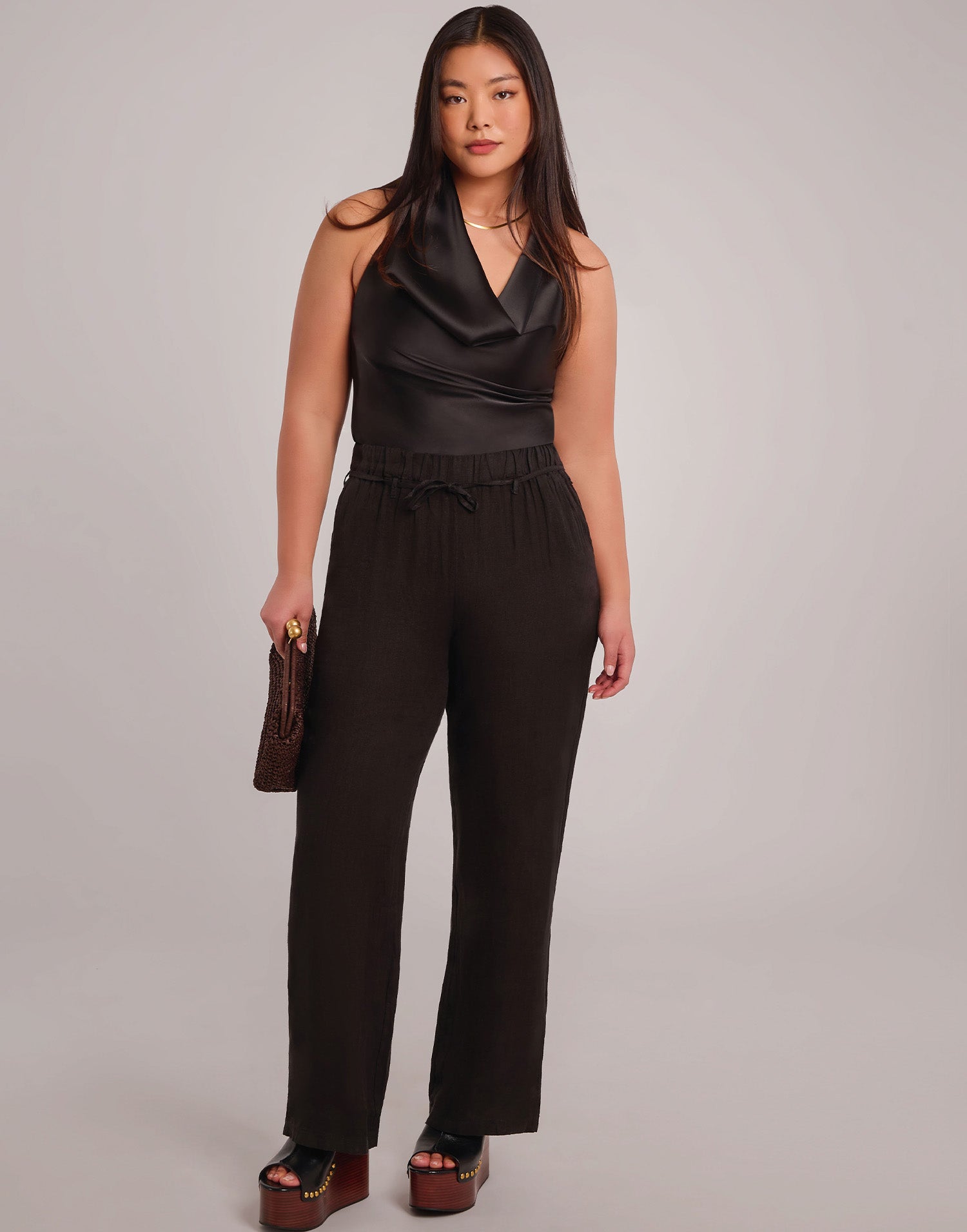 NORA BELTED LINEN TROUSERS / BLACK