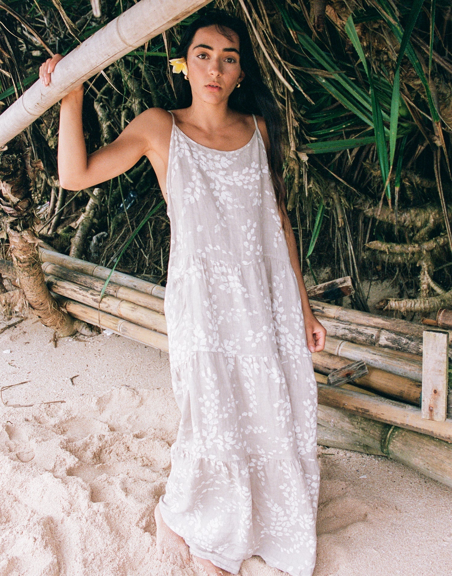 IRIS PRINTED ANKLE-GRAZING LINEN DRESS / SAND DUNE